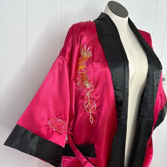 Reversible Satin Japan Belted Kimono Robe - Dragon Embroidered Red Black Long - Picture 4 of 9